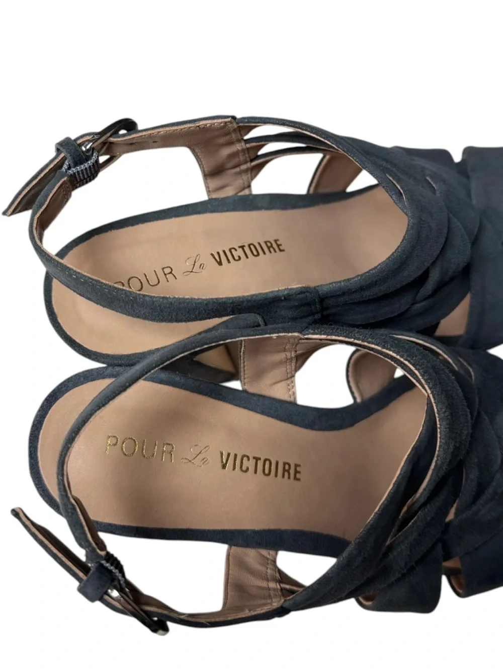 POUR LA VICTOIRE Women's Blue Gray Kid Suede Platform Heels Sandals Size 9.5
